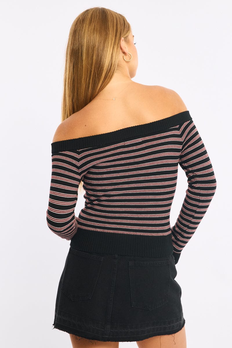 Red Stripe Knit Top Off Shoulder Long Sleeve - Image 4