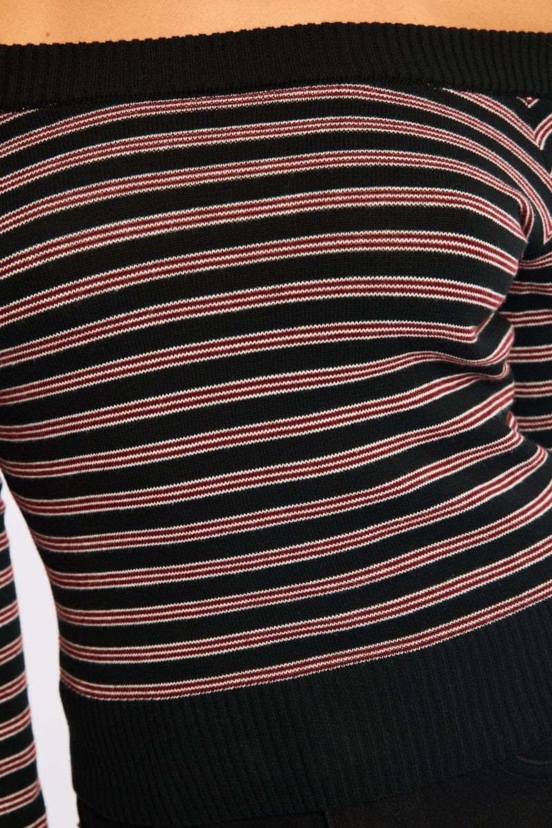 Red Stripe Knit Top Off Shoulder Long Sleeve - Image 5