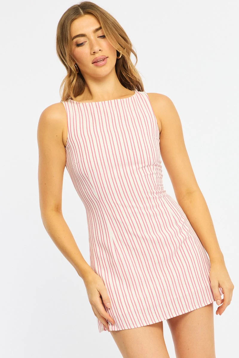 Red Stripe Mini Dress Boat Neck - Image 3