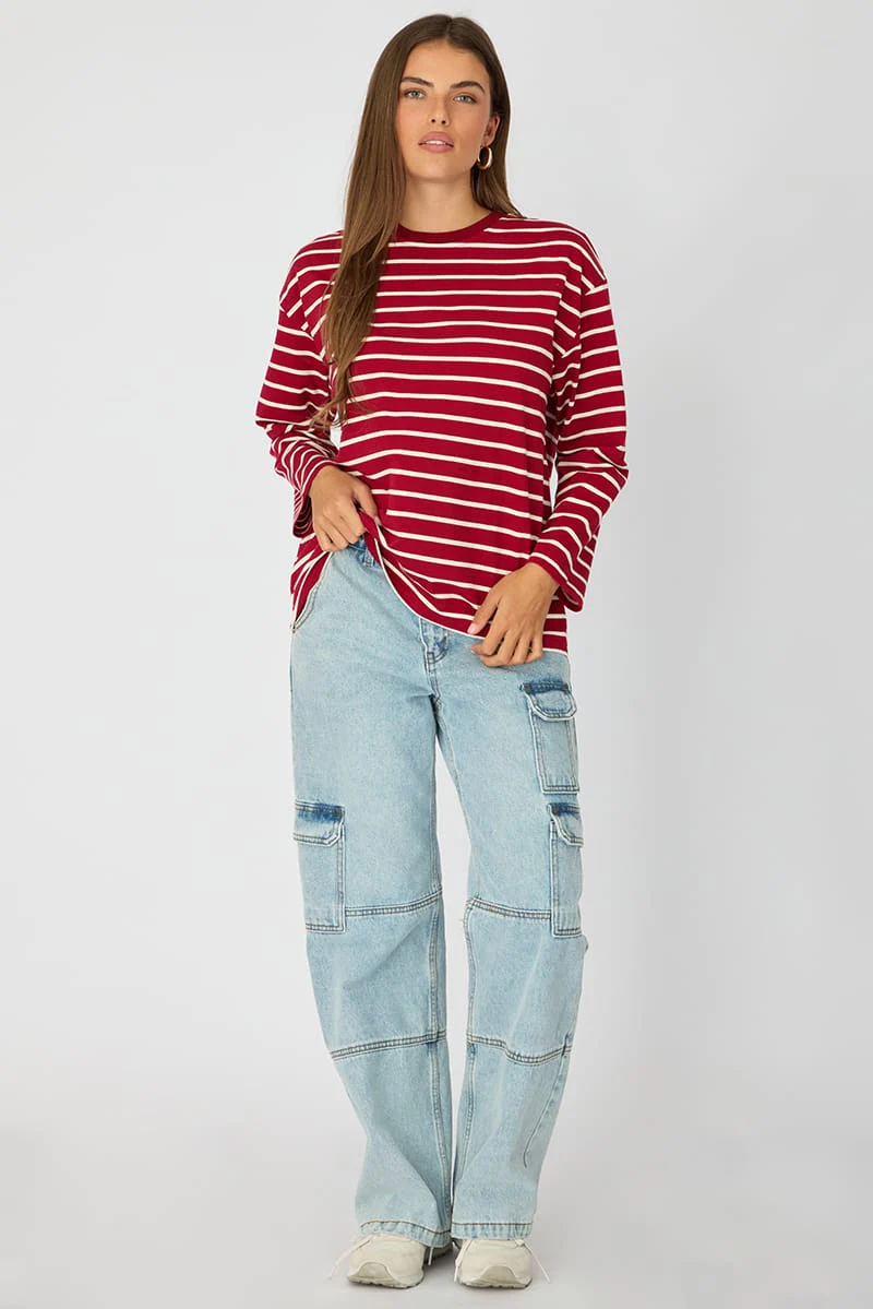 Red Stripe Oversized Tee Long Sleeve