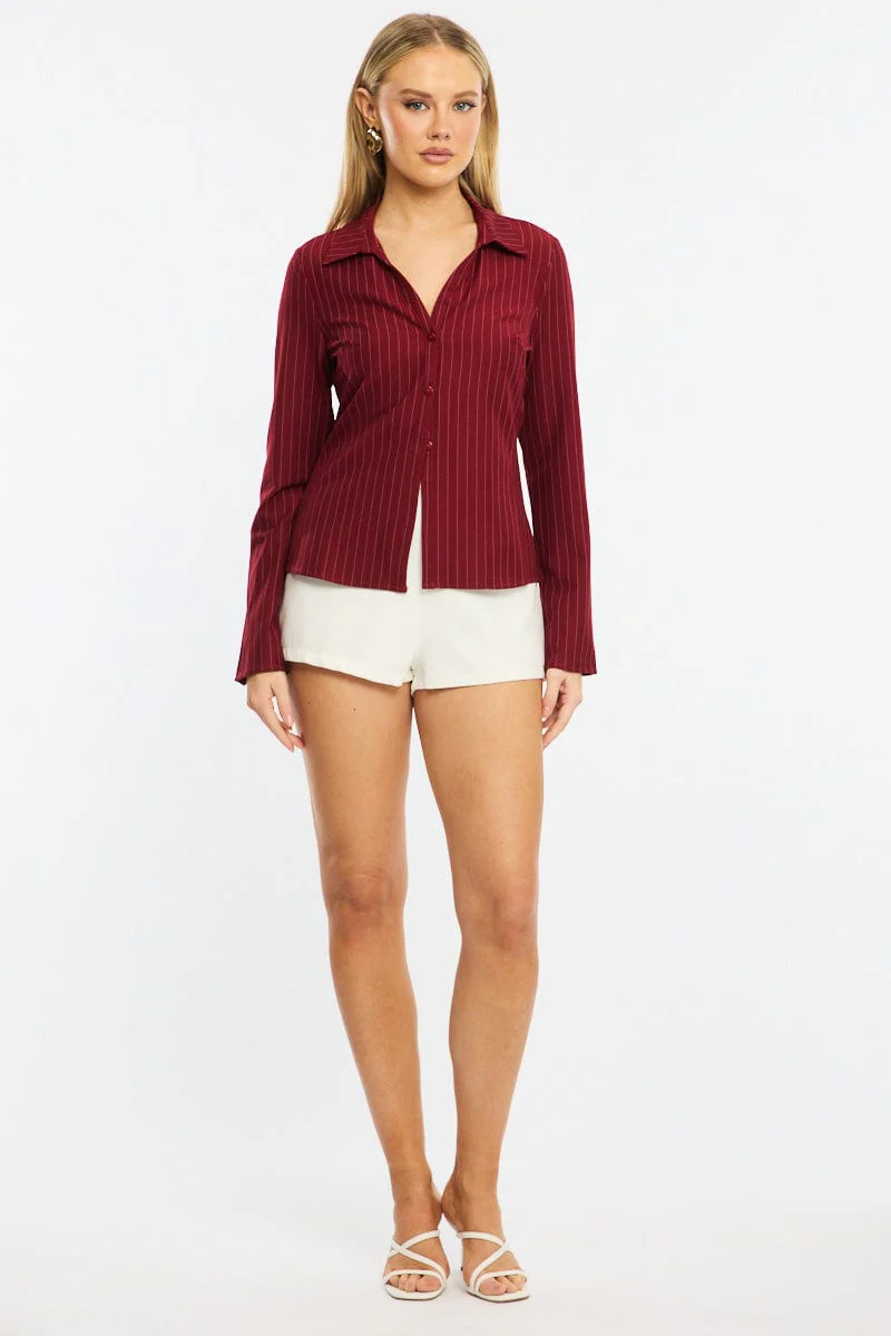 Red Stripe Shirt Long Sleeves Collared Button Up Pinstripe - Image 2