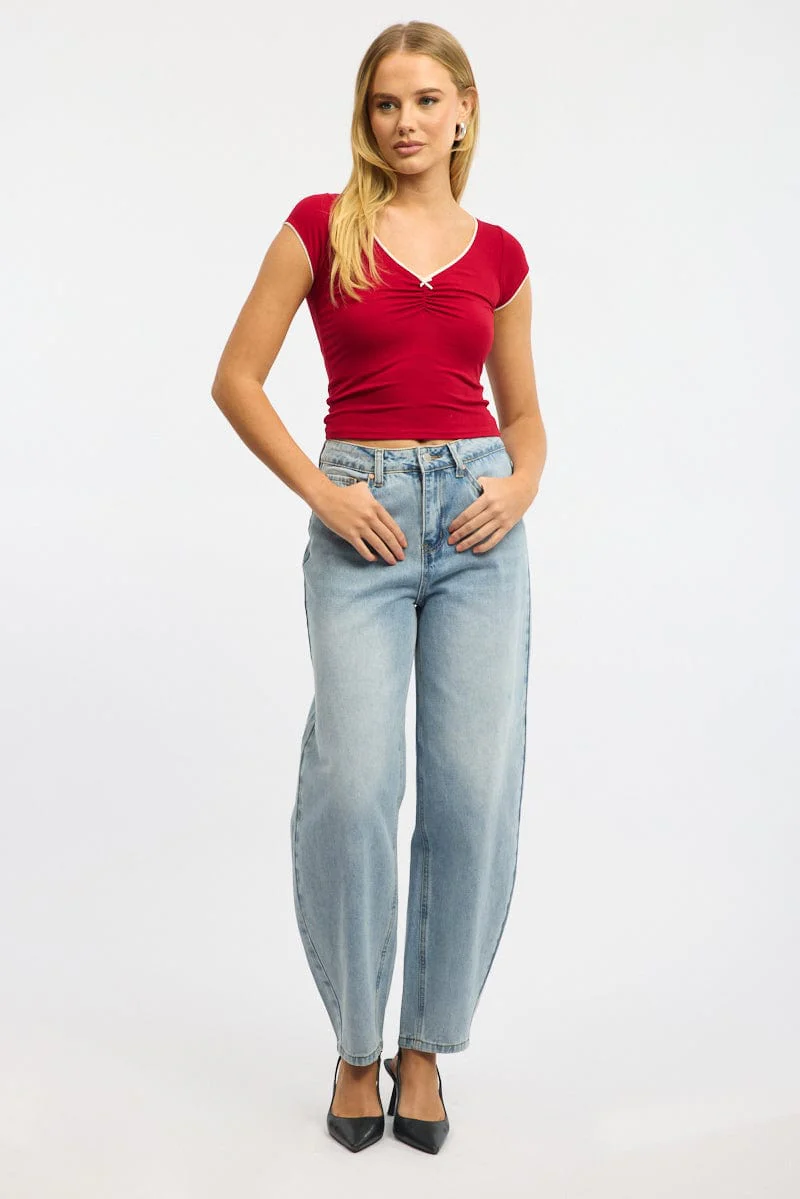 Red T-shirt Short Sleeve V-neck Lace Trim - Image 2