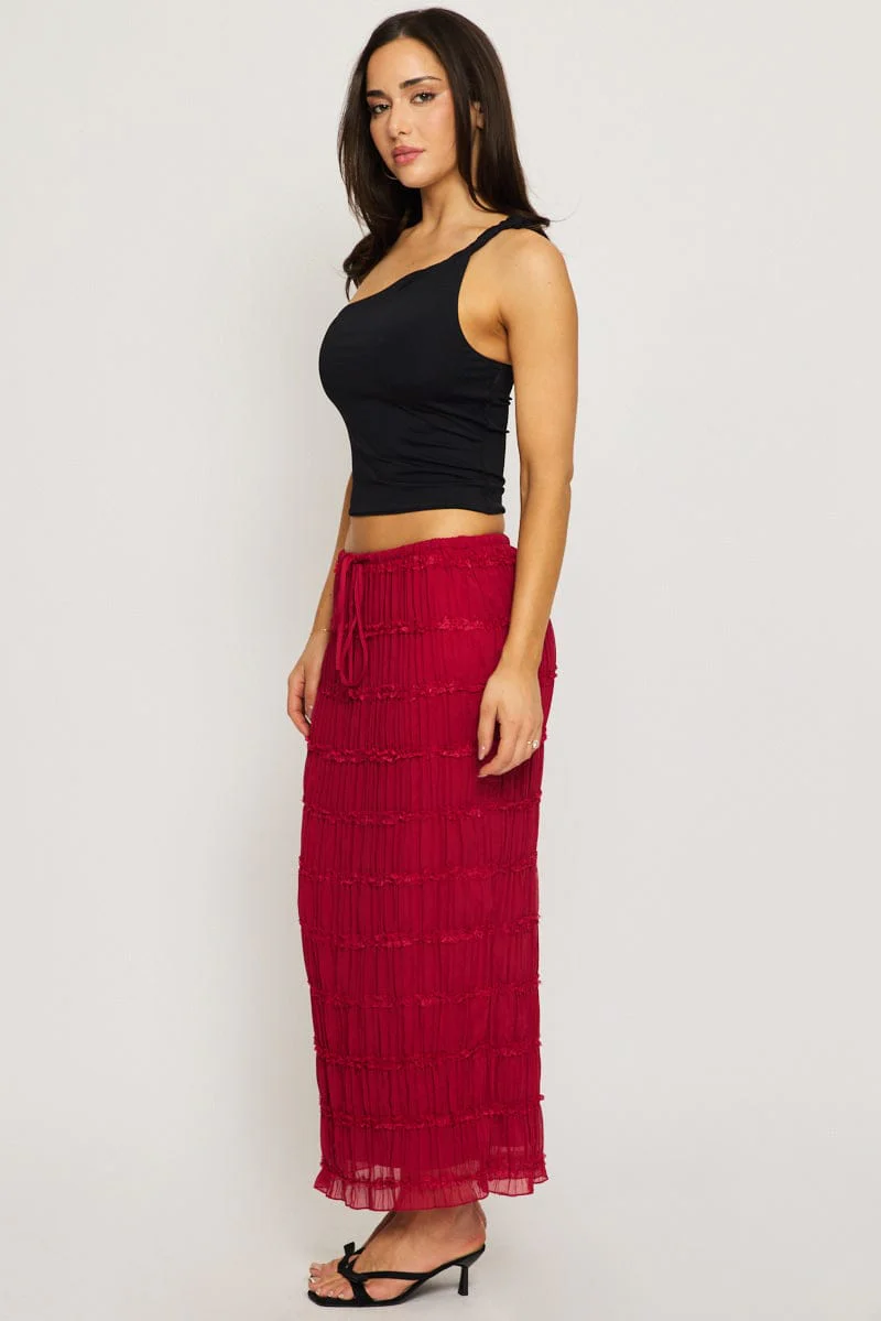 Red Textured Maxi Skirt Elastic Waist Lined - Image 3