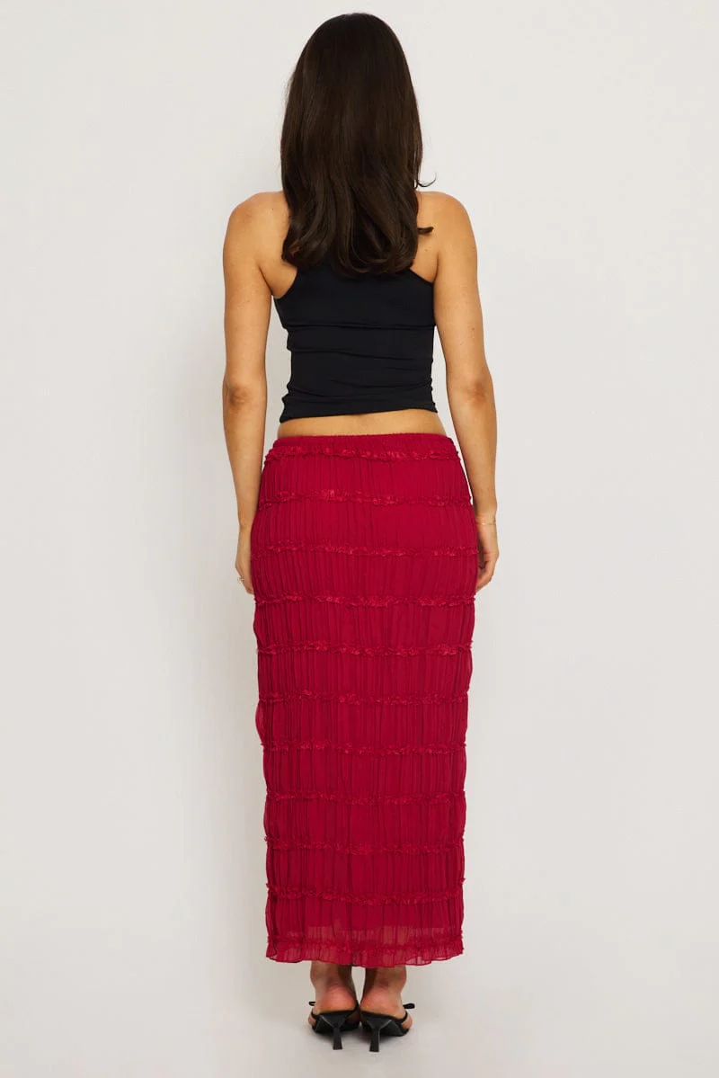 Red Textured Maxi Skirt Elastic Waist Lined - Image 4