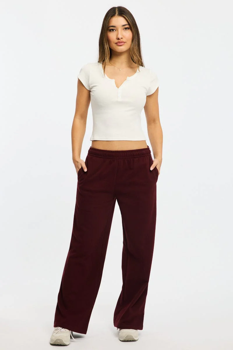 Red Track Pants Wide Leg Side Stripe