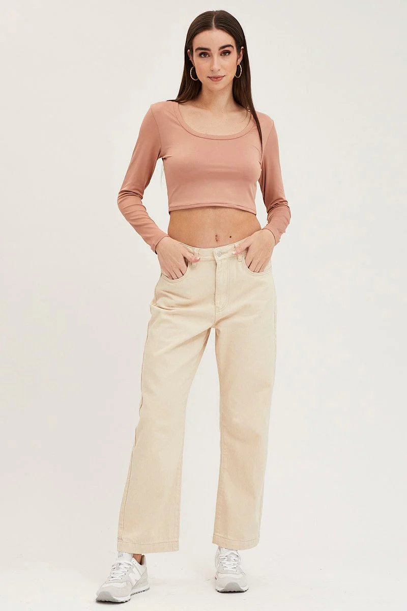 Taupe Crop Top Smooth Long Sleeve Scoop Neck - Image 2