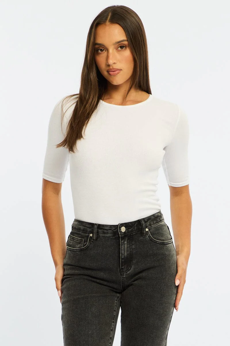 White 3/4 Length Sleeve Rib Tshirt - Image 3