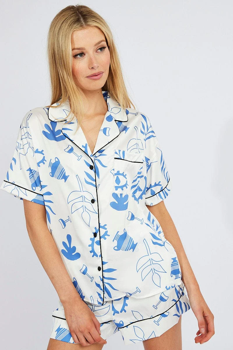 White Abstract Pyjama Set Minimal Abstract Print PJ - Image 3
