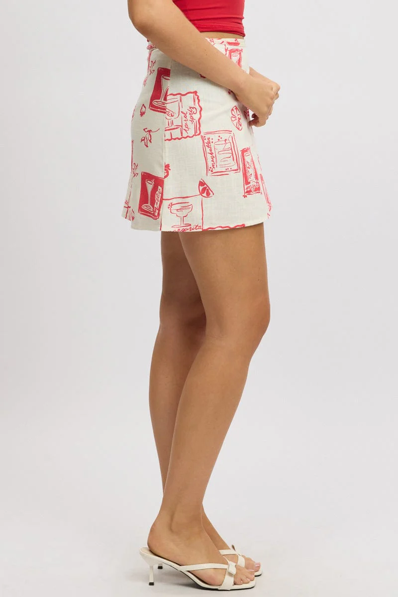 White Abstract Wrap Skirt High Rise Mini Linen Blend - Image 4