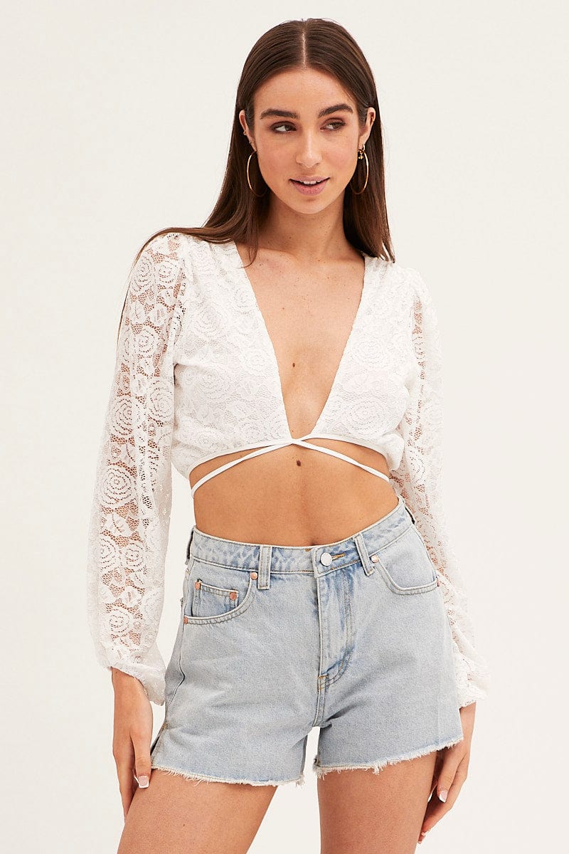 White Bolero Long Sleeve Tie Front V Neck Lace - Image 4