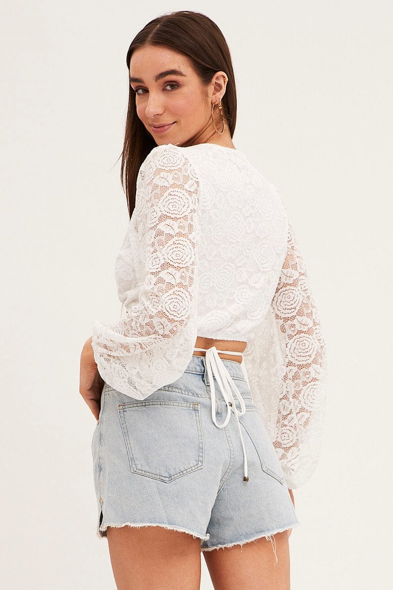 White Bolero Long Sleeve Tie Front V Neck Lace - Image 6