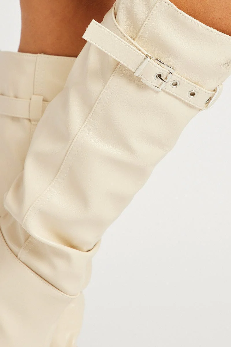 White Buckle Detail Ruched Boots - Image 3