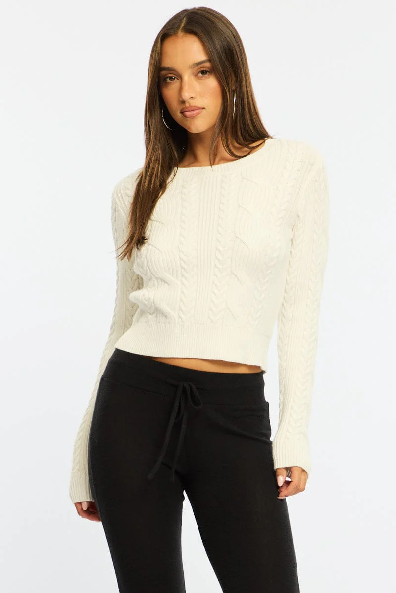 White Cable Knit Top Long Sleeve Crew Neck - Image 4