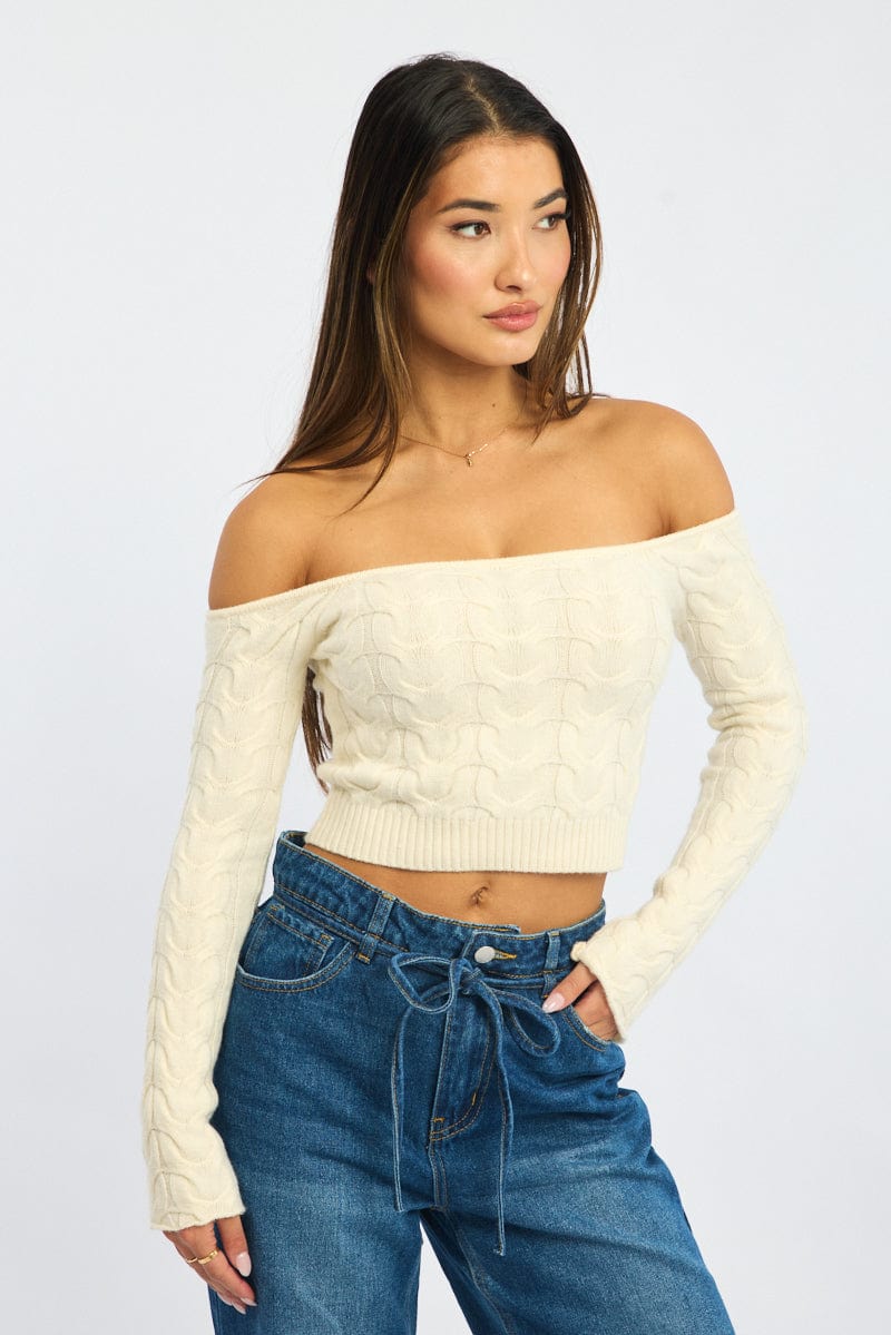 White Cable Knit Top Long Sleeve Off Shoulder - Image 2