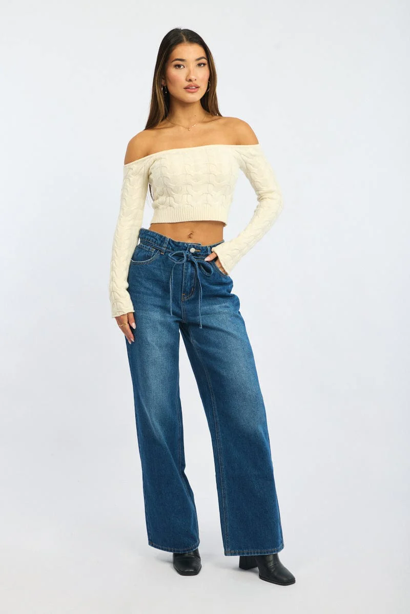 White Cable Knit Top Long Sleeve Off Shoulder - Image 3