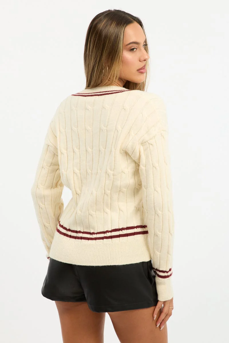 White Cable Knit Top Long Sleeve V-neck - Image 4