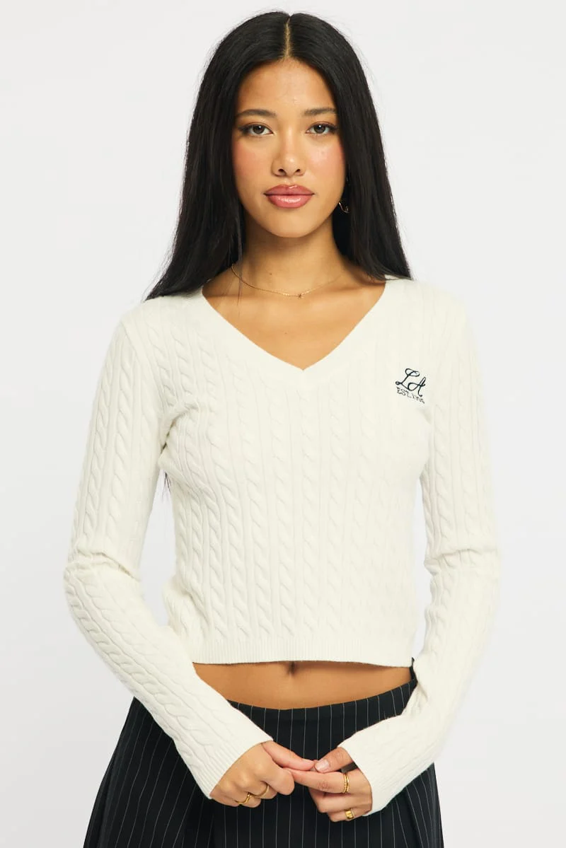 White Cable Knit Top V-neck Embroidered Detail - Image 2
