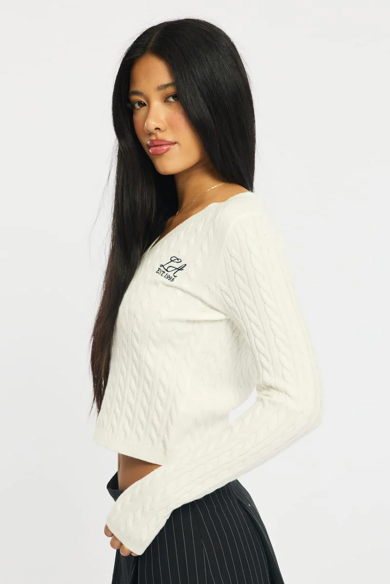 White Cable Knit Top V-neck Embroidered Detail - Image 4