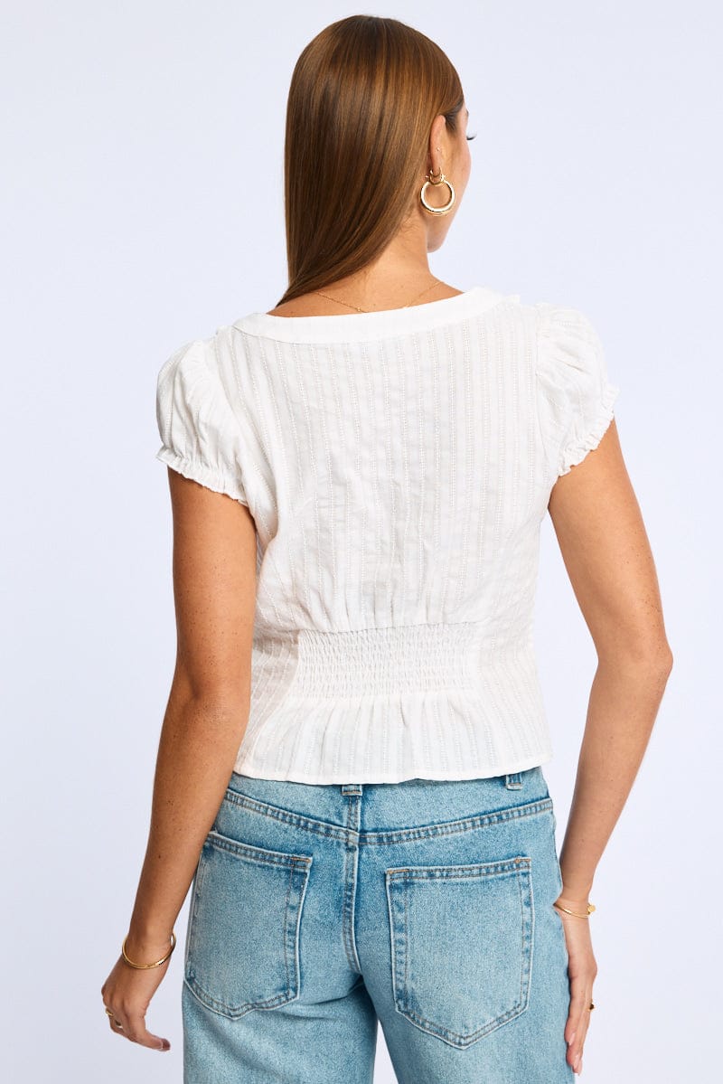 White Cap Sleeve Top V-neck Button Up Textured Cotton - Image 4