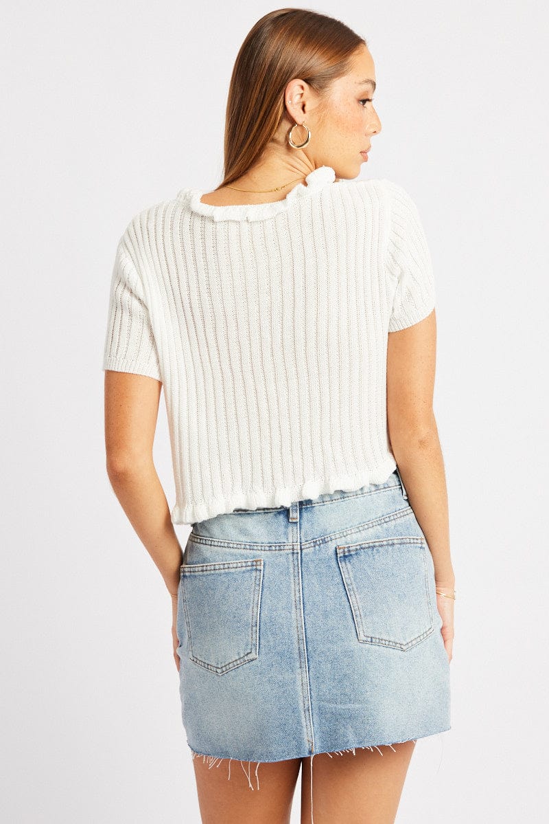 White Crochet Cardigan Short Sleeve Tie Up - Image 5