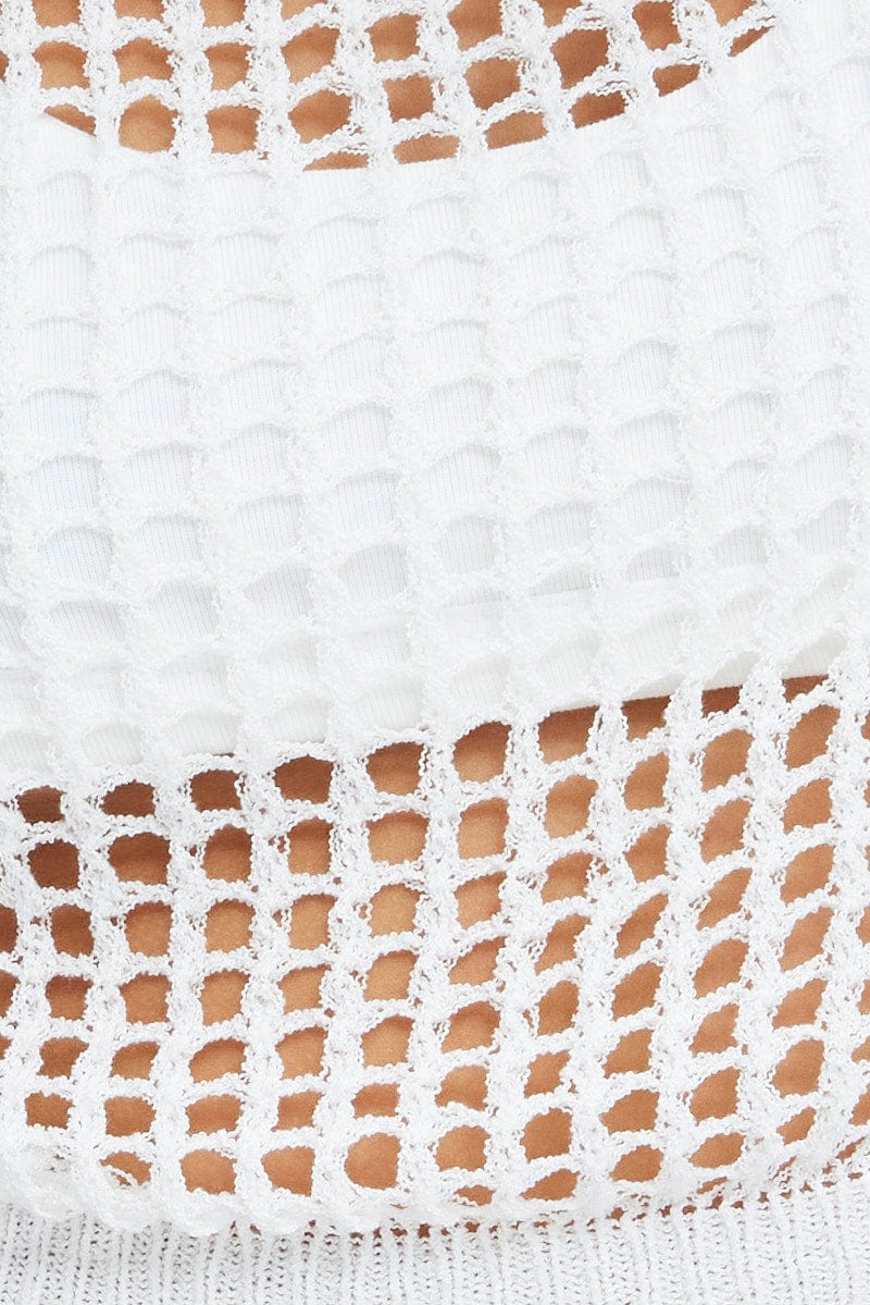 White Crochet Knit Top Long Sleeve Square Neck - Image 6