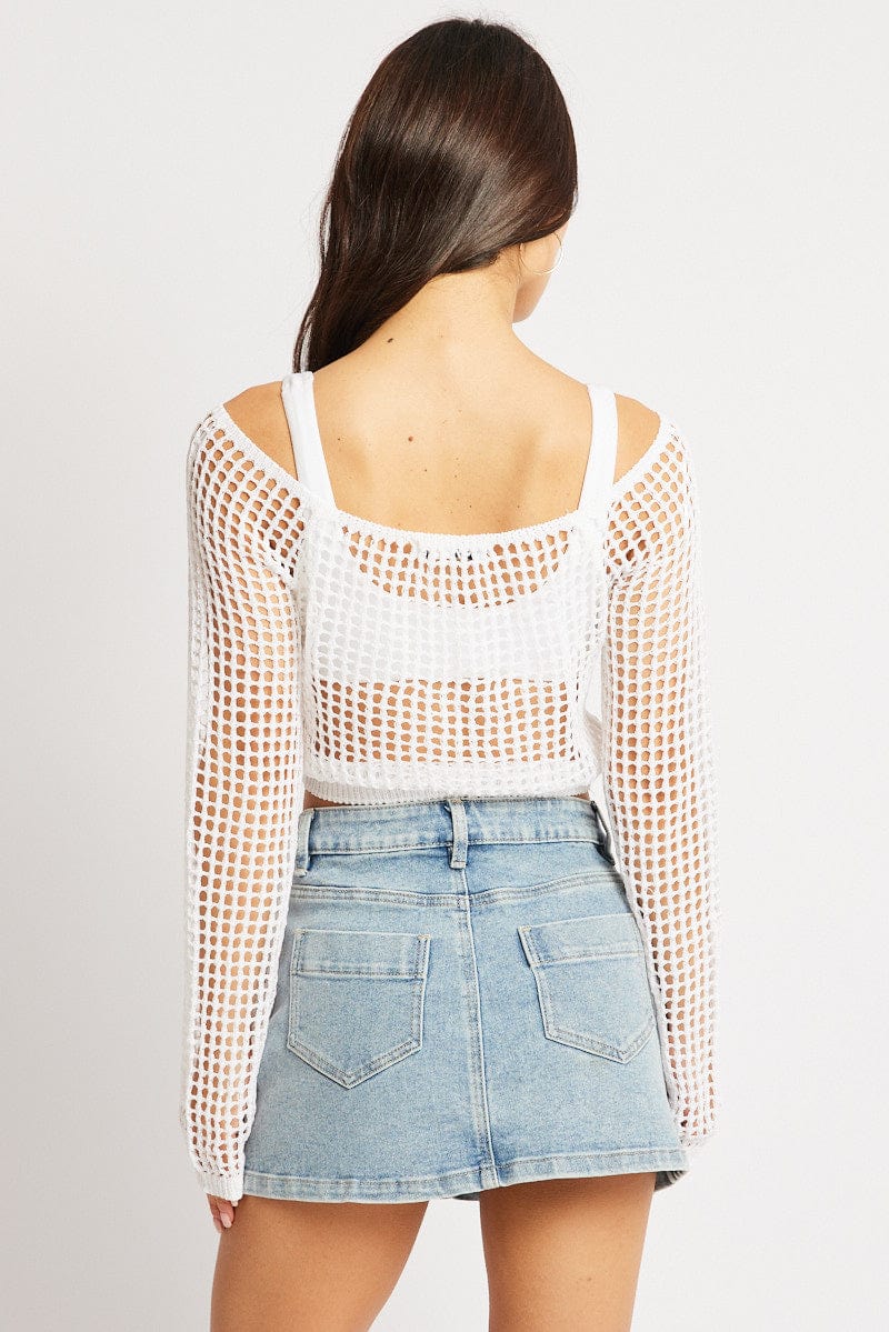 White Crochet Knit Top Long Sleeve Square Neck - Image 5
