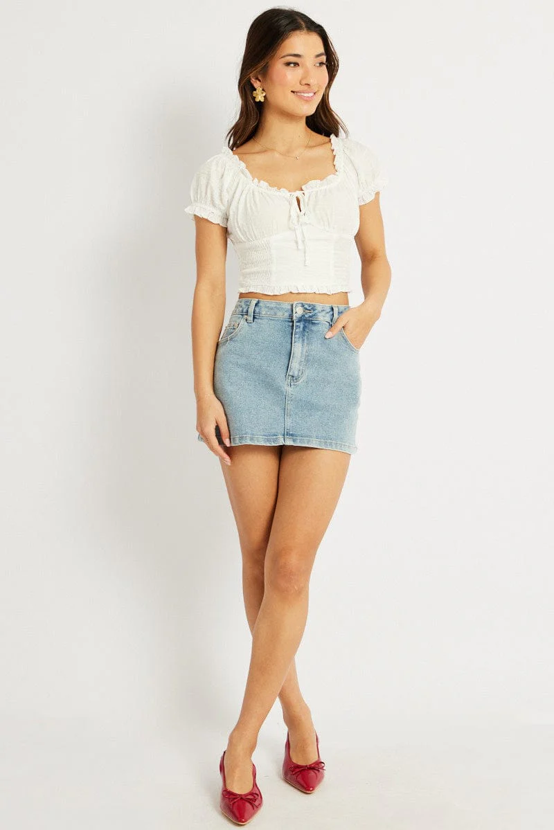 White Crop Top Short Sleeve Shirred Waist - Image 2