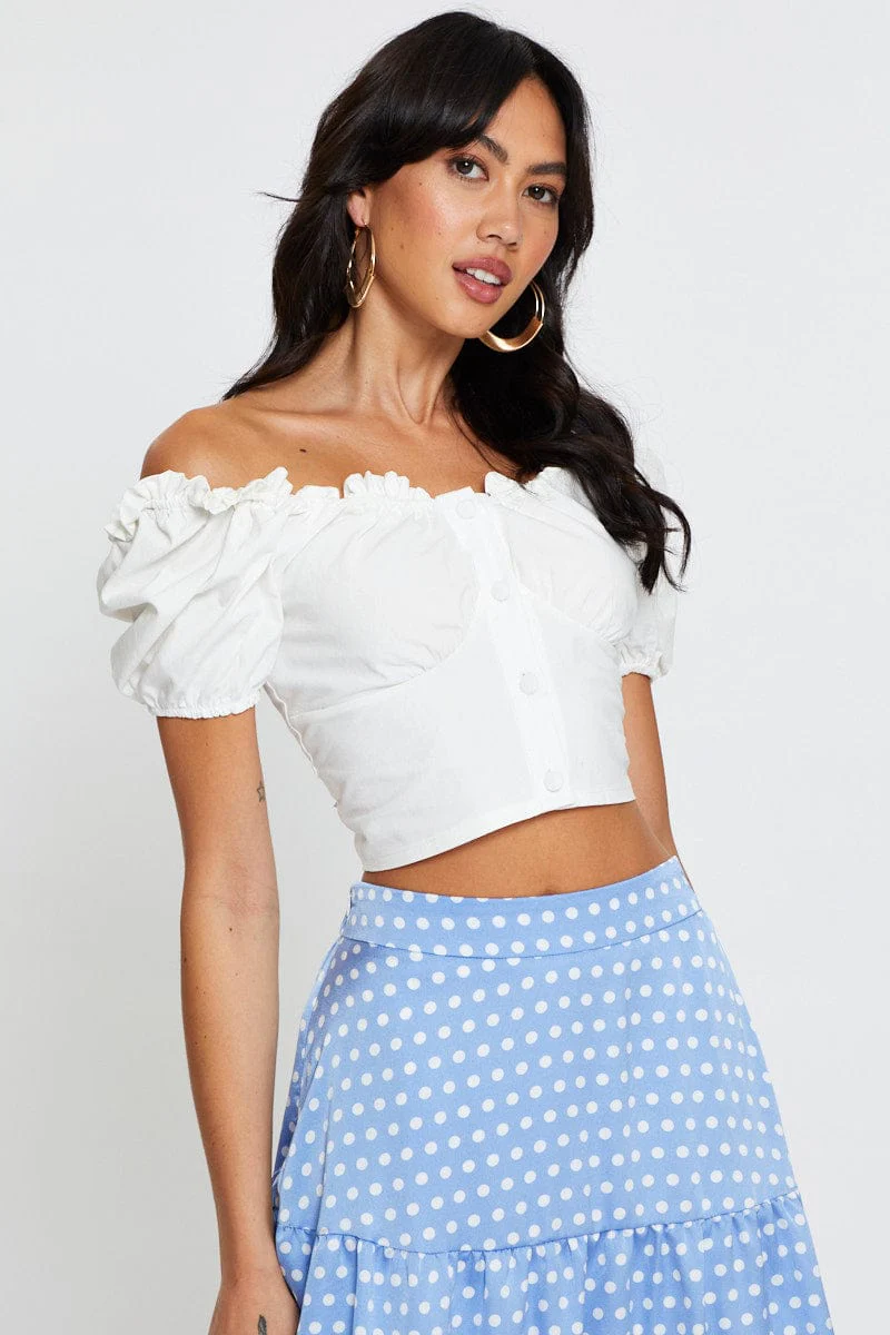 White Crop Top Short Sleeve Sweetheart Button Front - Image 3