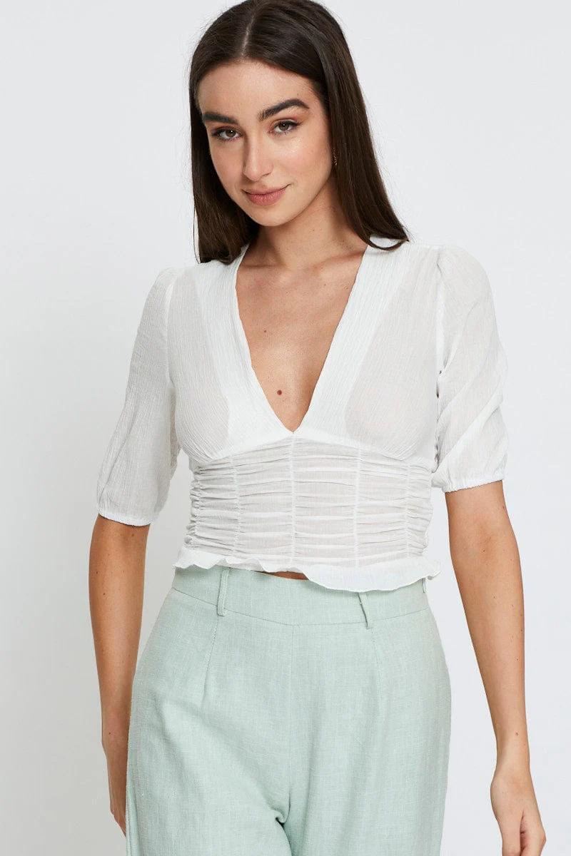 White Crop Top V-Neck - Image 3
