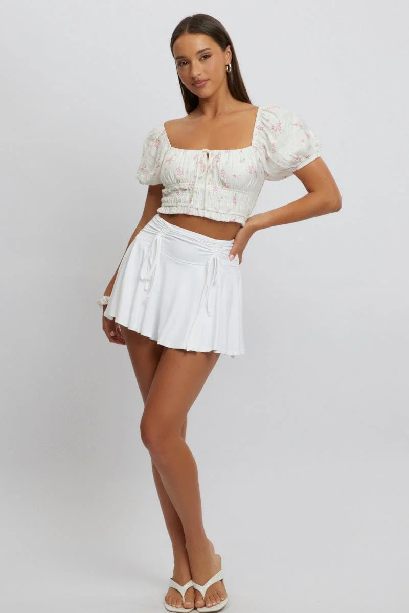 White Ditsy Crop Top Short Sleeve Ruched Bust - Image 3