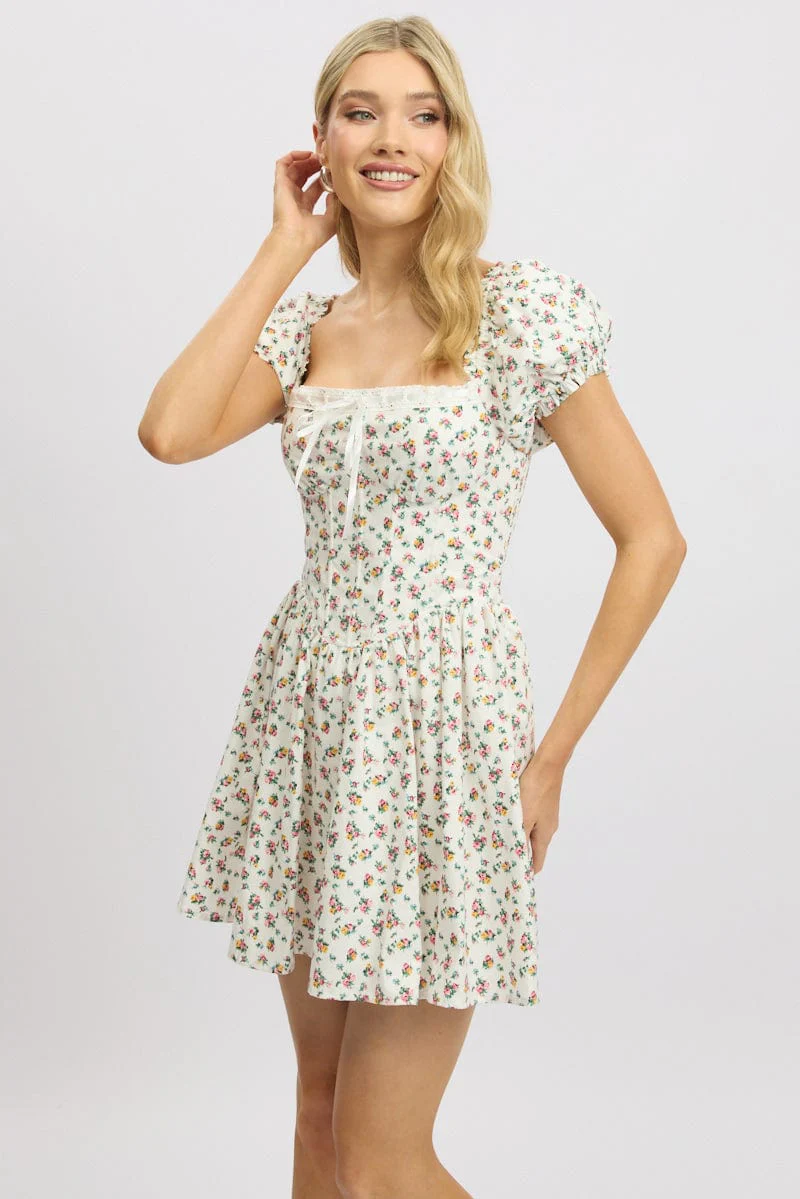 White Ditsy Fit And Flare Dress Corset Detail Mini - Image 3