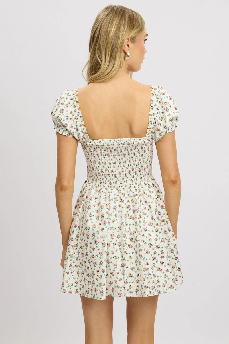 White Ditsy Fit And Flare Dress Corset Detail Mini - Image 5