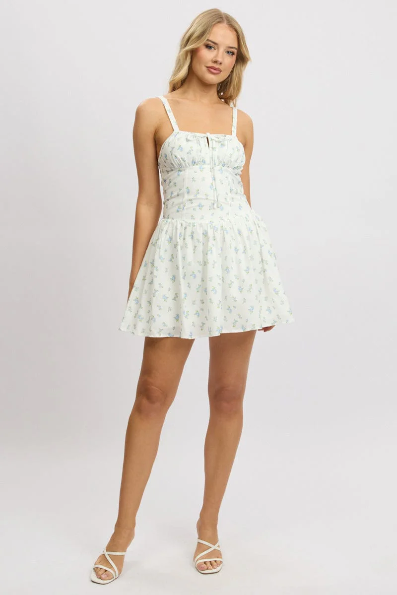 White Ditsy Fit And Flare Dress Drop Waist Mini - Image 2