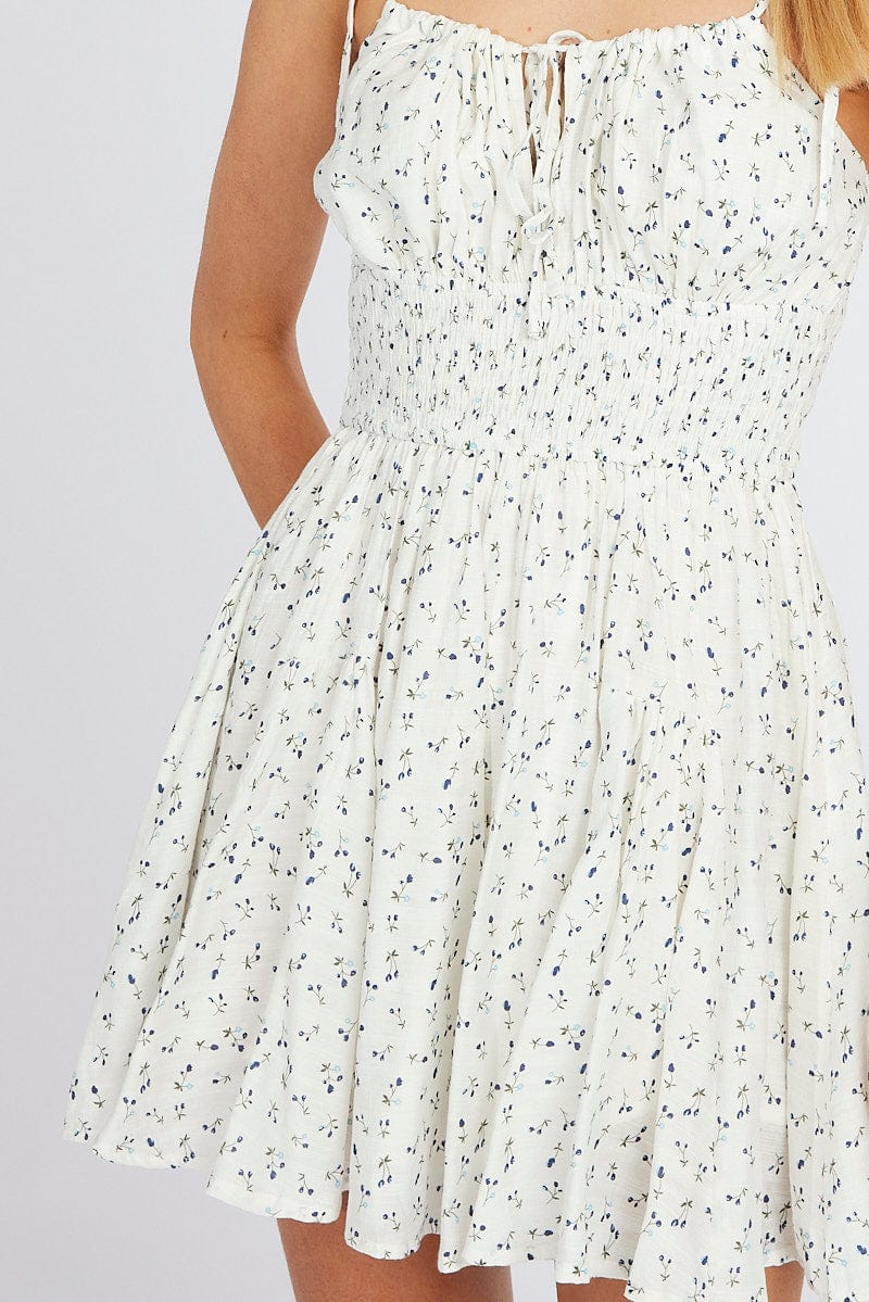 White Ditsy Fit And Flare Playsuit Gathered Bust Sleeveless - Image 6