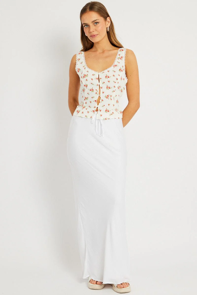 White Ditsy Floral Top Sleeveless Tie Front - Image 3
