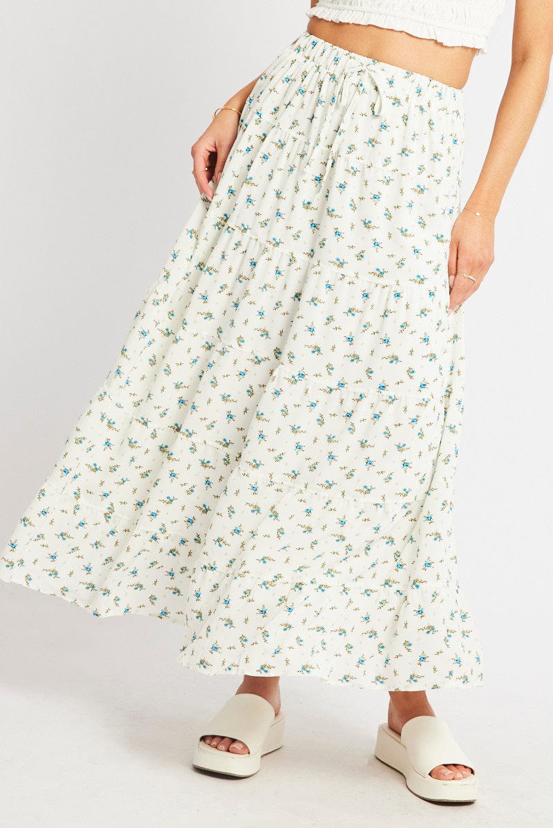 White Ditsy Maxi Skirt Tiered High Rise Lined - Image 2