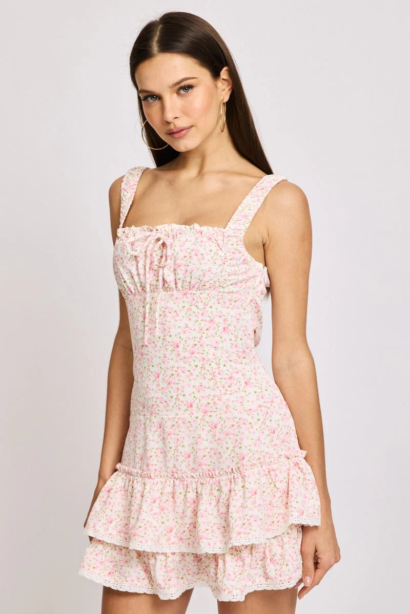White Ditsy Mini Dress Frilled Hem - Image 2