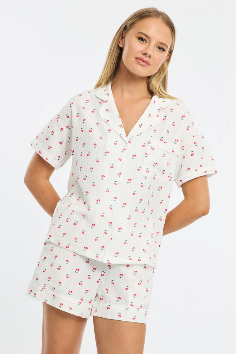 White Ditsy Pyjamas Set Short Sleeve