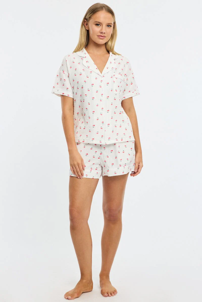 White Ditsy Pyjamas Set Short Sleeve - Image 2