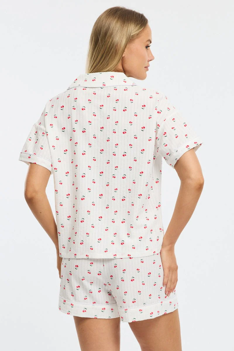 White Ditsy Pyjamas Set Short Sleeve - Image 4