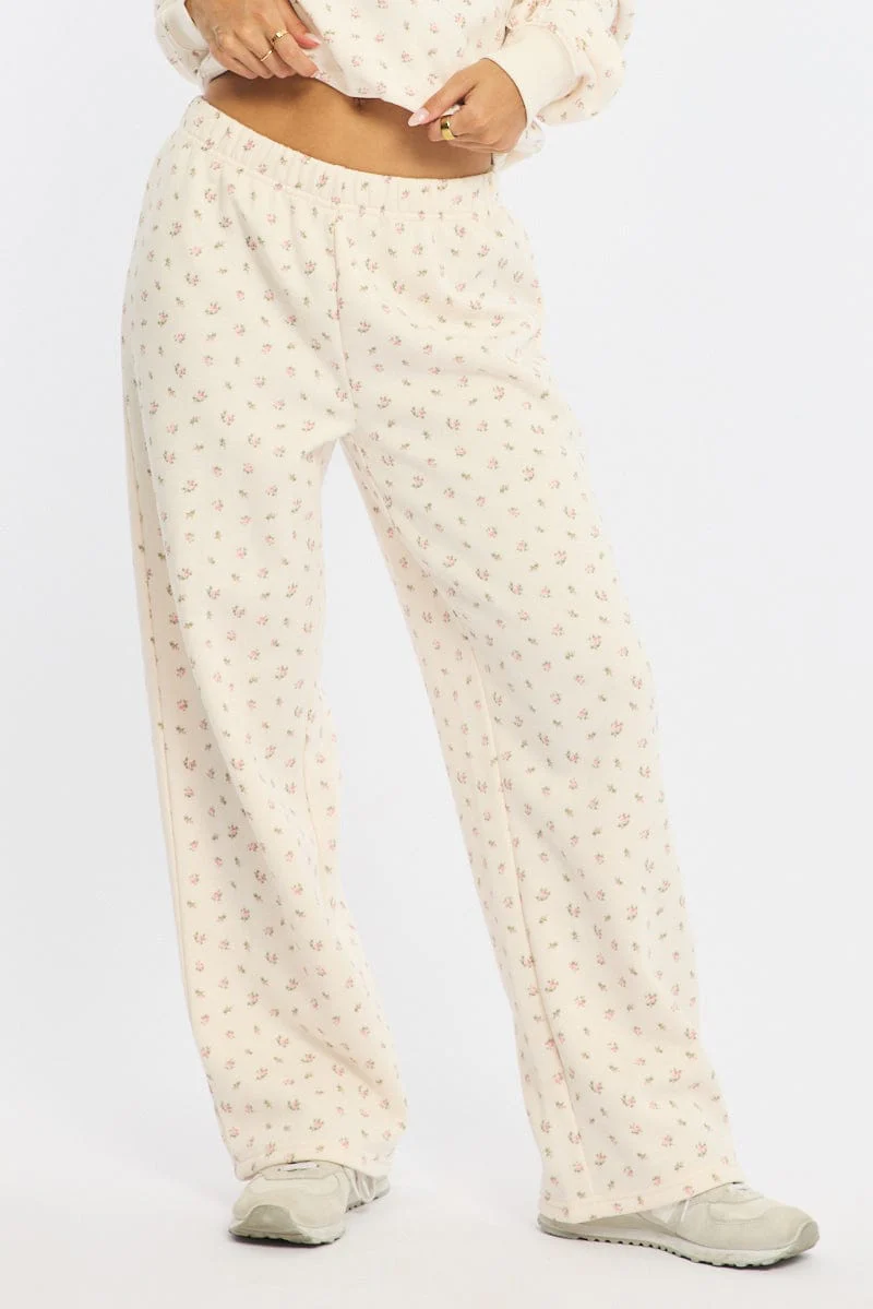 White Ditsy Track Pants Wide Leg - Image 2