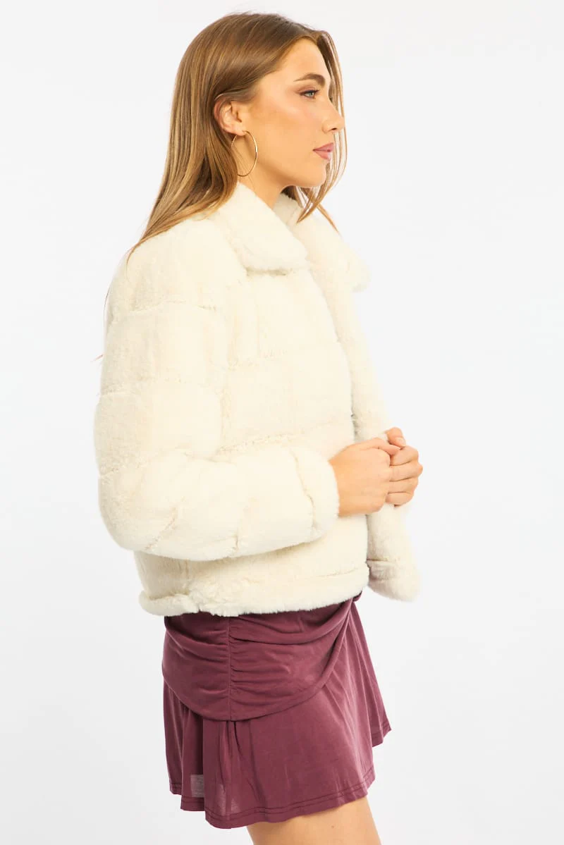 White Faux Fur Jacket With Lapel Collar - Image 4