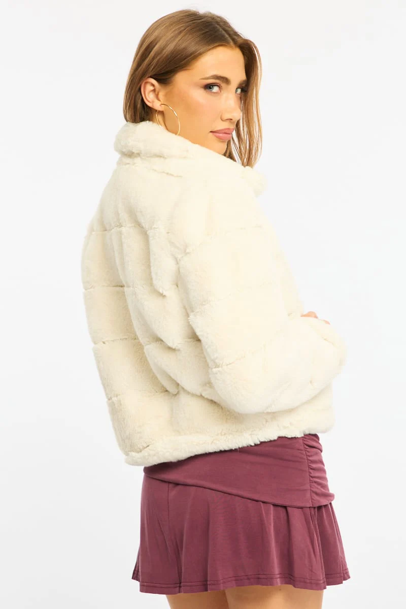 White Faux Fur Jacket With Lapel Collar - Image 5
