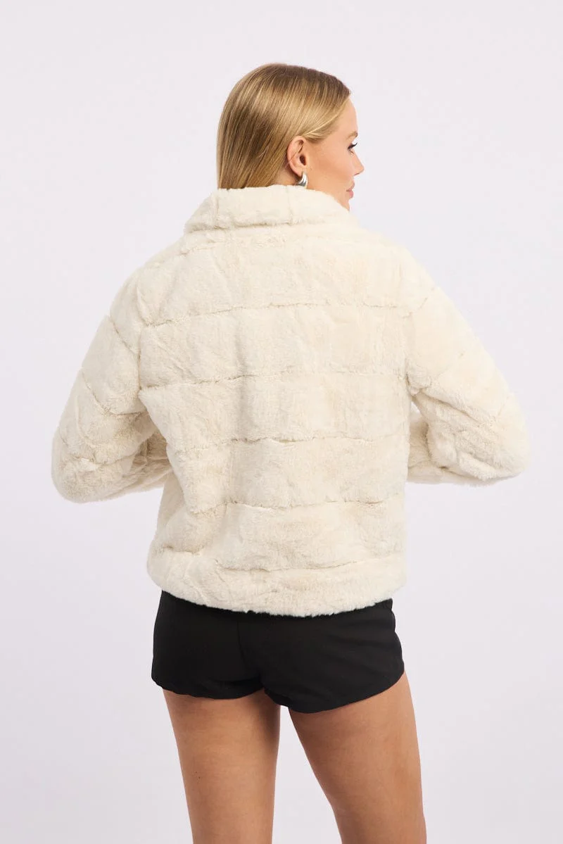 White Faux Fur Jacket With Lapel Collar - Image 4