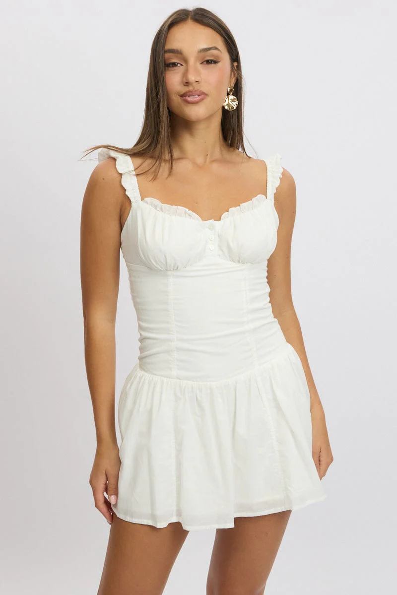 White Fit And Flare Dress Drop Waist Mini Poplin - Image 3