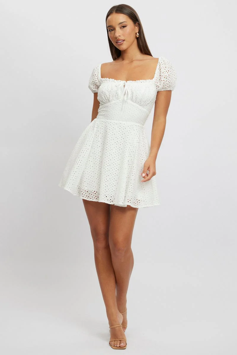 White Fit And Flare Dress Mini Eyelet Fabric - Image 2