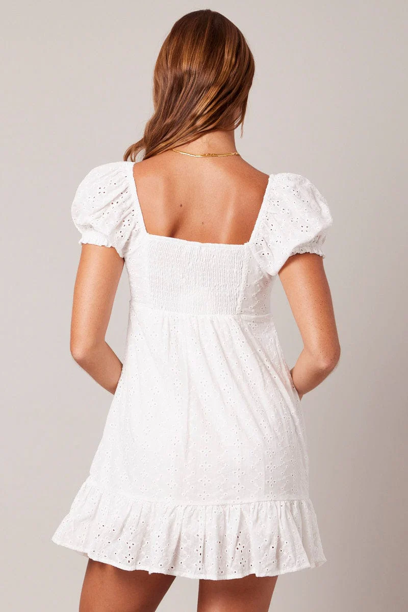 White Fit And Flare Dress Puff Sleeve Mini - Image 5