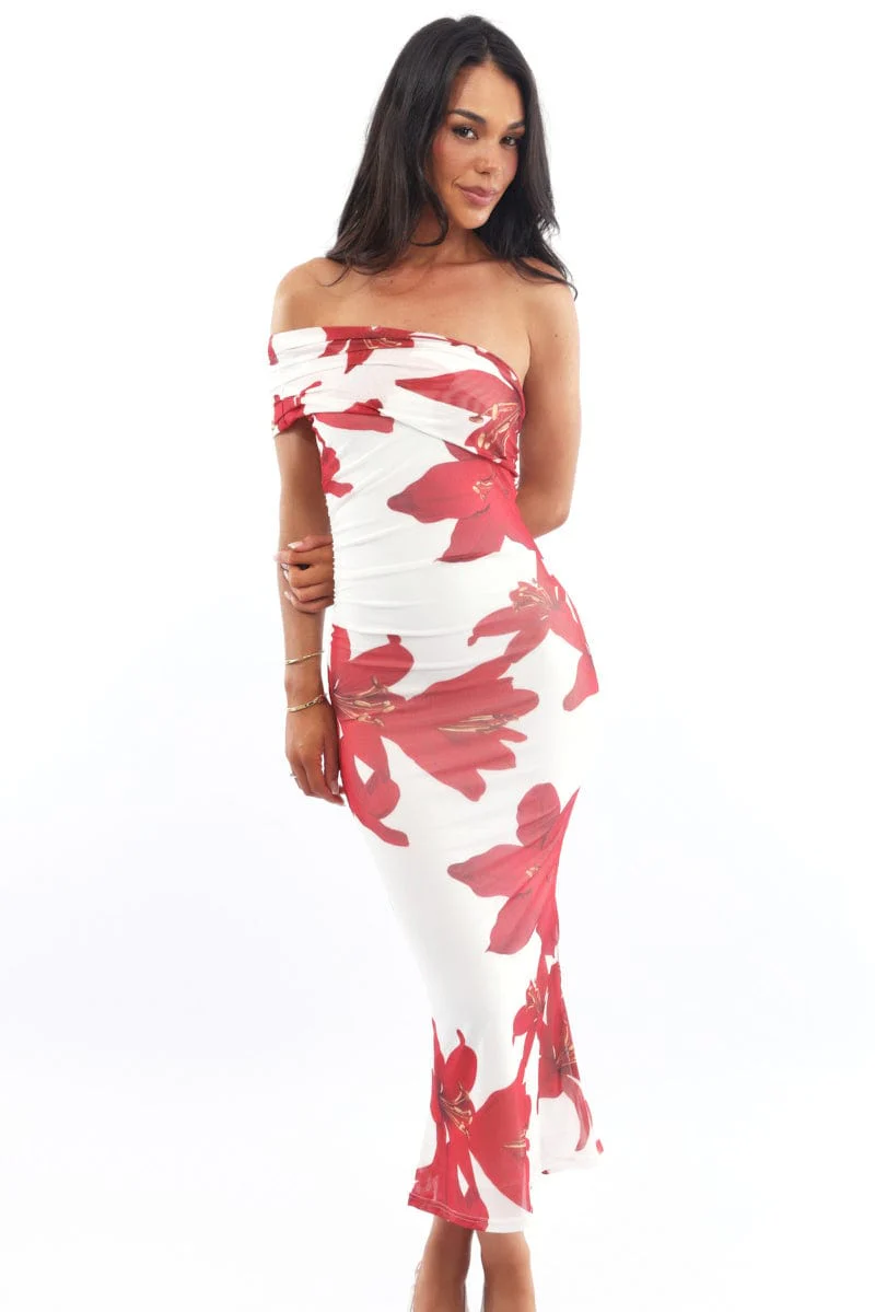 White Floral Bodycon Dress One Shoulder Mesh - Image 2