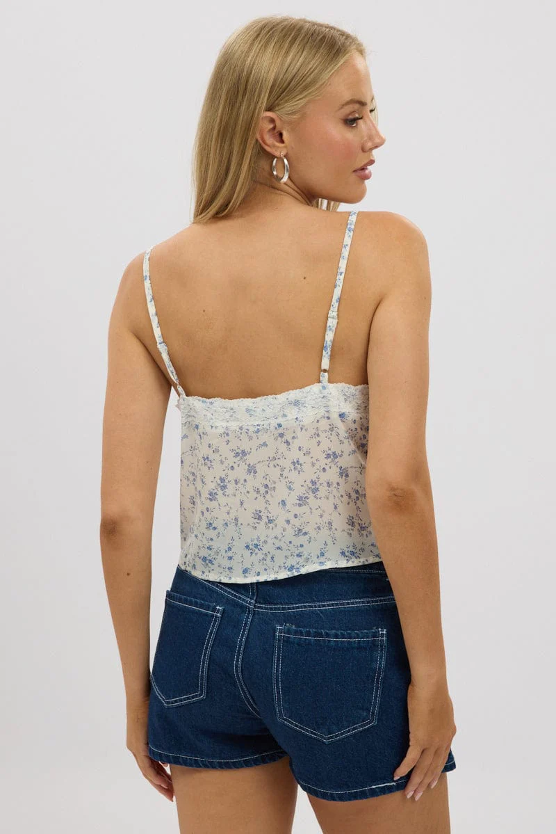 White Floral Cami Top Button Front - Image 5