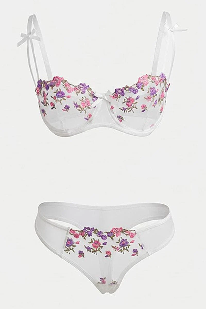 White Floral Embroidery Lingerie Set